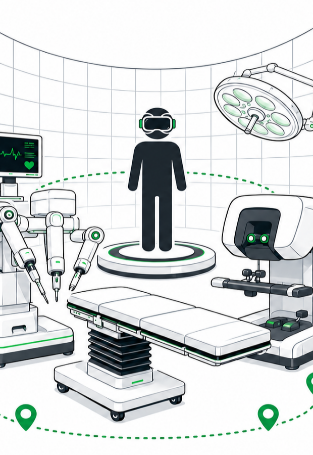 Cirurgia robótica imersiva — espectador 360° dentro do centro cirúrgico